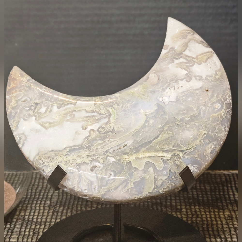 Large Moss Agate Moon Carving w/ Stand